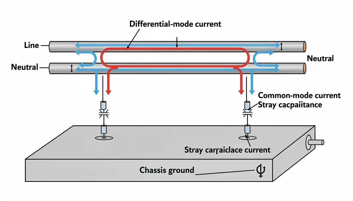 The illustration depicts power conductors with arrows illustrating differential-mode current circulating between the line and neutral